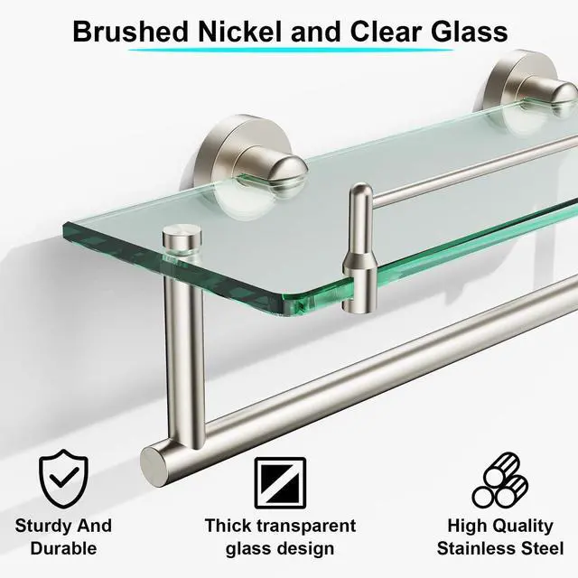 Alt view image 10 of 10 - Floating Tempered Glass Bathroom Shelf with Towel Bar - Brushed Nickel & Stainless Steel, Wall Mount 16 Inch
