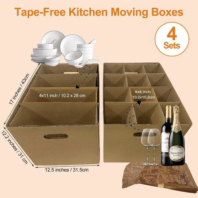Alt view image 8 of 12 - Kitchen Moving Boxes with Wine Dish Glass Packaging Divider Kits and Cushion Wraps, 4 Pack 17x12x12'', Reinforced Handles, Tape-Free (CK171212)