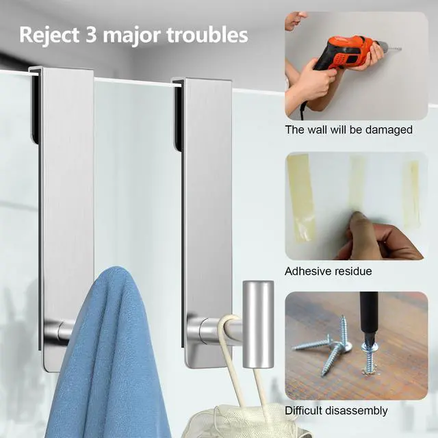 Alt view image 10 of 12 - Shower Towel Hooks, 7.5-Inch Extended Over Glass Shower Door Hanger for Towels & Robes, Rustproof Bathroom Towel Rack, 2-Pack (Silver, T Shape)