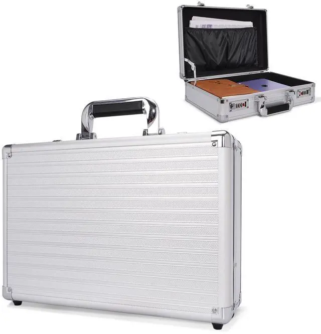 Alt view image 8 of 14 - Locking Briefcase, Metal Brief case with Dual Combination, Aluminum for Secure Document Storage, Portable File Organizer Case for Cash, Passport, Office, Travel and Business Use, Silver