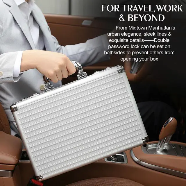 Alt view image 10 of 14 - Locking Briefcase, Metal Brief case with Dual Combination, Aluminum for Secure Document Storage, Portable File Organizer Case for Cash, Passport, Office, Travel and Business Use, Silver