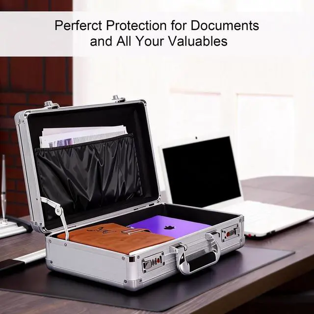 Alt view image 12 of 14 - Locking Briefcase, Metal Brief case with Dual Combination, Aluminum for Secure Document Storage, Portable File Organizer Case for Cash, Passport, Office, Travel and Business Use, Silver