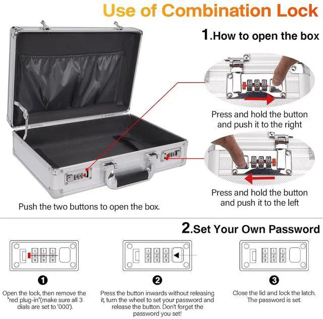 Alt view image 14 of 14 - Locking Briefcase, Metal Brief case with Dual Combination, Aluminum for Secure Document Storage, Portable File Organizer Case for Cash, Passport, Office, Travel and Business Use, Silver