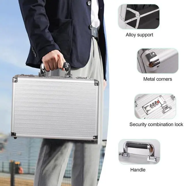 Alt view image 13 of 14 - Locking Briefcase, Metal Brief case with Dual Combination, Aluminum for Secure Document Storage, Portable File Organizer Case for Cash, Passport, Office, Travel and Business Use, Silver
