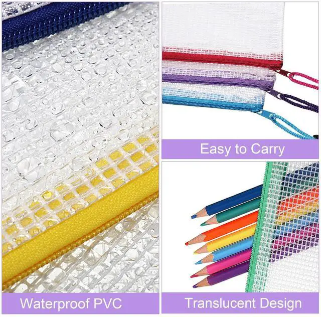 Alt view image 9 of 14 - 200 Pcs 9.45 x 4.5'' Mesh Zipper Pouch Bulk 10 Colors Pencil Pouch Bulk Waterproof Clear File Bags Plastic Pencil Bags for School Travel Cosmetics Office Organizer