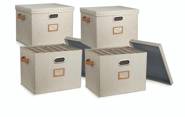 Alt view image 8 of 14 - 12-Inch Vinyl Record Storage Boxes with Lids and Handles, Stylish and Practical LP Record Organizer for 100+ Single Records, Suitable for Living Room, Study, Concert Hall or Office (Beige, 17"-4 Pack)