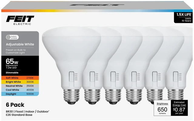 Alt view image 8 of 14 - BR30 LED Light Bulbs, 65W Eq, Dimmable, 5CCT, 6 Pack | E26 Base, 2700K - 5000K, 650 Lumens, CRI 90+, 15 Year Life, for Recessed Cans, Wide Flood Beam