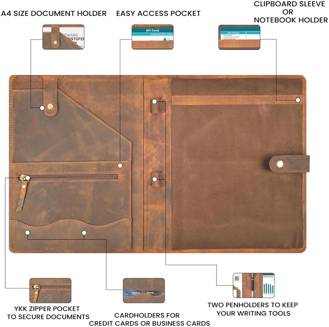 Alt view image 12 of 13 - Leather Resume Portfolio Folder for Interview, Professional Padfolio Organizer Binder A4, Graduation & New Job Gift for Men Women Brown