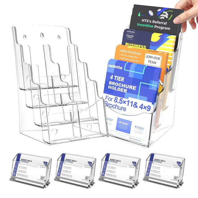 Alt view image 8 of 14 - 2 Pcs Acrylic Brochure Holder 8.5x11 Inch, 4 Tier Clear Pamphlet Holder, With Removable Divider for 4 x9 Inch Flyer Holder, Wall Mount or Desktop Use (With Business Card Holder)