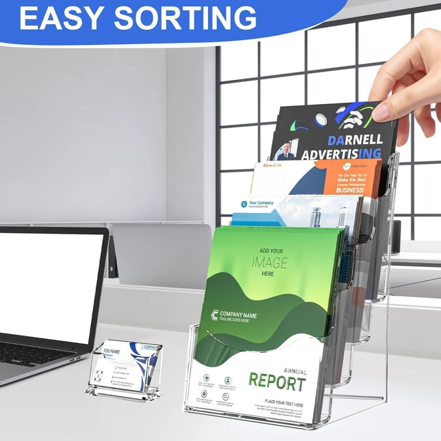 Alt view image 10 of 14 - 2 Pcs Acrylic Brochure Holder 8.5x11 Inch, 4 Tier Clear Pamphlet Holder, With Removable Divider for 4 x9 Inch Flyer Holder, Wall Mount or Desktop Use (With Business Card Holder)