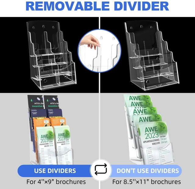 Alt view image 14 of 14 - 2 Pcs Acrylic Brochure Holder 8.5x11 Inch, 4 Tier Clear Pamphlet Holder, With Removable Divider for 4 x9 Inch Flyer Holder, Wall Mount or Desktop Use (With Business Card Holder)