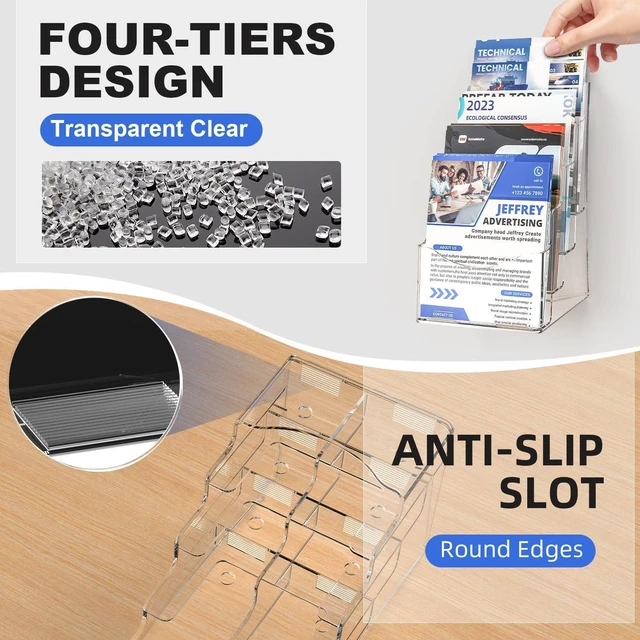 Alt view image 13 of 14 - 2 Pcs Acrylic Brochure Holder 8.5x11 Inch, 4 Tier Clear Pamphlet Holder, With Removable Divider for 4 x9 Inch Flyer Holder, Wall Mount or Desktop Use (With Business Card Holder)