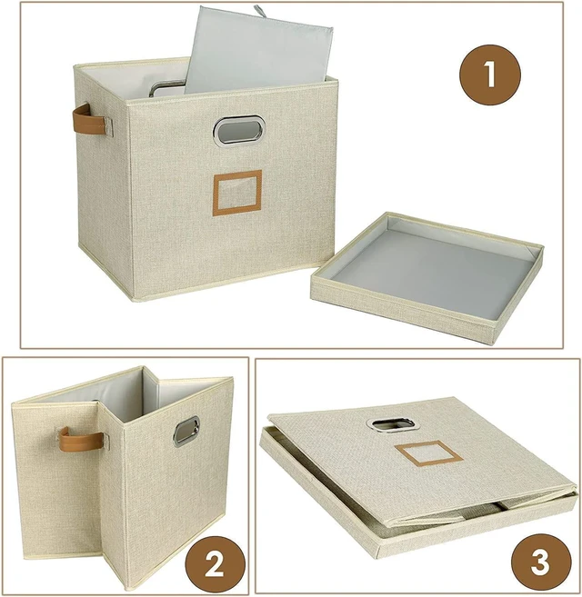 Alt view image 13 of 14 - 12-Inch Vinyl Record Storage Boxes with Lids and Handles, Stylish and Practical LP Record Organizer for 100+ Single Records, Suitable for Living Room, Study, Concert Hall or Office (Beige, 17"-4 Pack)