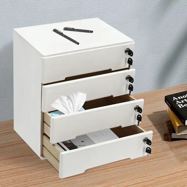 Alt view image 11 of 11 - Wooden Desk Organizer with Drawers & Lock, Desktop Countertop Storage Cabinet Lockable Home Office Supplies File Tabletop Organizing Unit (4 Drawer - Modern White)