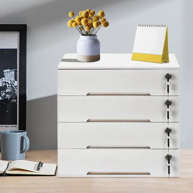 Alt view image 9 of 11 - Wooden Desk Organizer with Drawers & Lock, Desktop Countertop Storage Cabinet Lockable Home Office Supplies File Tabletop Organizing Unit (4 Drawer - Modern White)