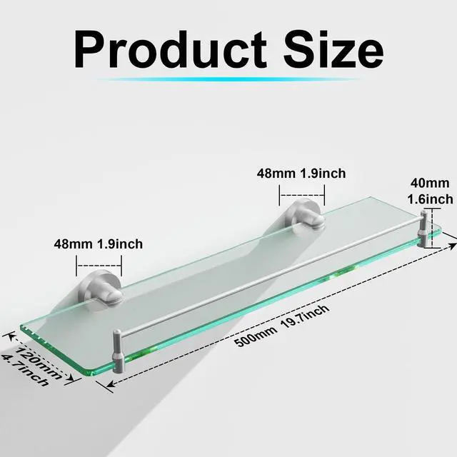 Alt view image 8 of 9 - 20 Inches Glass Shelves for Bathroom, Brushed Nickel Floating Glass Shelf Stainless Steel Tempered Glass Bathroom Shelves for Wall Mount Modern