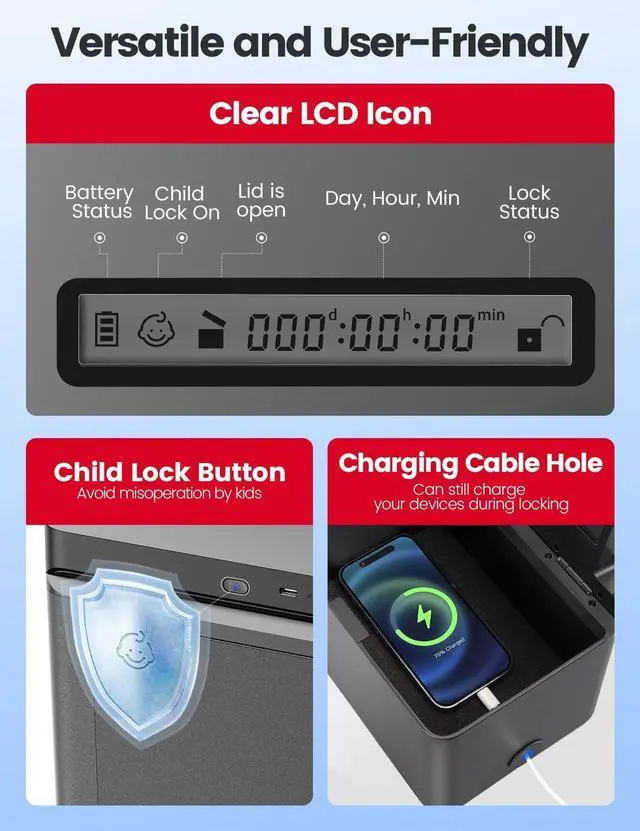 Alt view image 13 of 14 - Metal Timed Lock Box, Phone Lockbox with Timer, Time Locking Safe, Self-Control Container with USB C Charge,Child Lock, Audio Prompt, Time Release Storage Locker for Phone/iPad Mini/Medicine