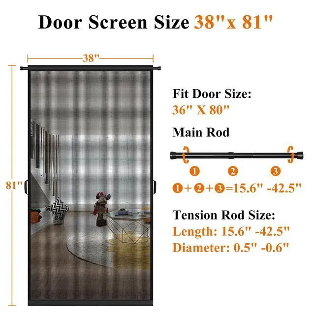 Alt view image 9 of 14 - Hanging Screen Door, Fits 36"x80" Door (Curtain Size 38''x81''), Gray | Durable Fiberglass with Tension Rod&Hook&Loop (1 Piece Can be Installed in 2 Ways), Pet Friendly, Weighted Bottom Windproof
