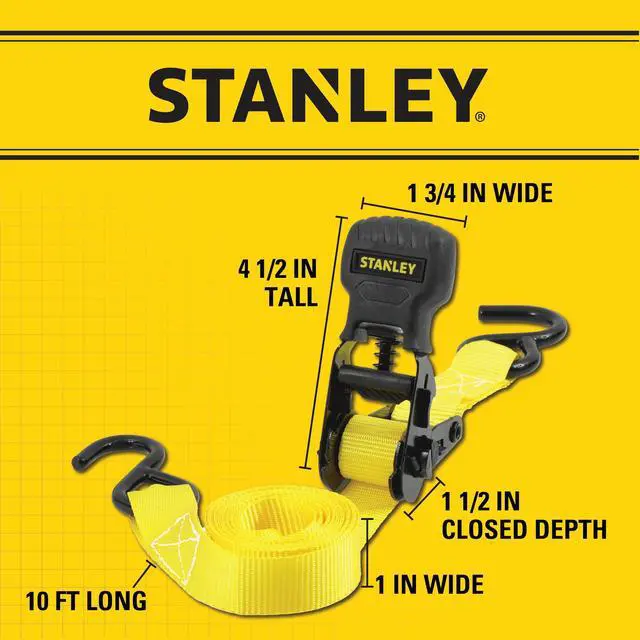 Alt view image 12 of 14 - S10002 Black/Yellow 1" x 10' Ratchet Tie Down Straps - 500 lb Safe Working Load / 1,500 lbs Break Strength, 2 Pack
