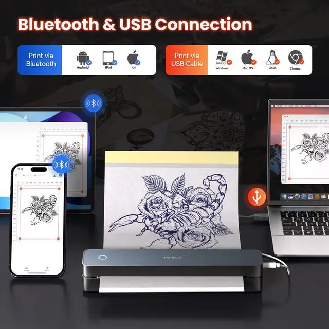 Alt view image 10 of 14 - Portable Bluetooth Thermal Tattoo Sticker - Wireless Tattoo Stencil Printer with 10 Sheets Printing Paper, DIY Temporary Tattoos for Tattoo Artists& Beginners, USB Rechargeable