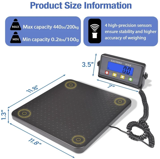 Alt view image 9 of 14 - Surmountway Industrial Shipping Scale with Anti-Slip Aluminium Platform, 11.8" x 11.8" Black Portable Digital Postal Scale 440lbs for Shipping Packages Luggages with Tare/Count/Auto-Off Functions