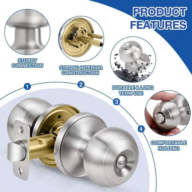 Alt view image 9 of 14 - 10 Pack Brushed Nickel Door Knobs,Privacy Door Knob with Lock, Interior Doorknobs Silver, Keyless Door Locks Set for Bedrooms Bathrooms, Reversible for Left/Right Door Handle