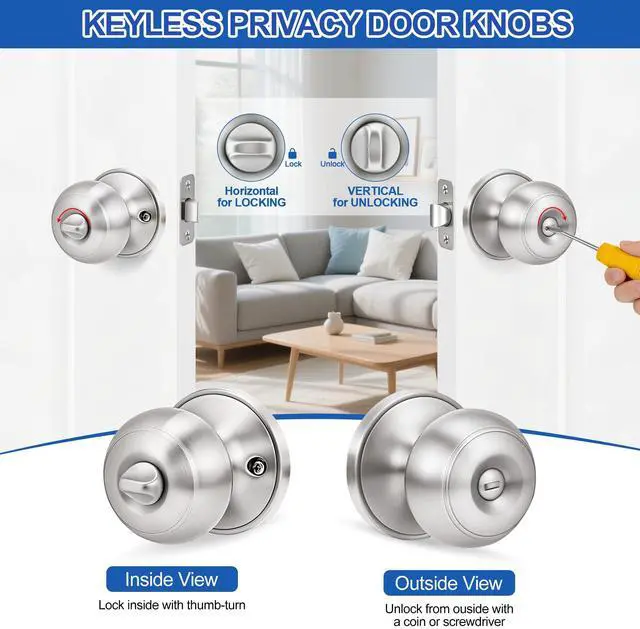 Alt view image 10 of 14 - 10 Pack Brushed Nickel Door Knobs,Privacy Door Knob with Lock, Interior Doorknobs Silver, Keyless Door Locks Set for Bedrooms Bathrooms, Reversible for Left/Right Door Handle