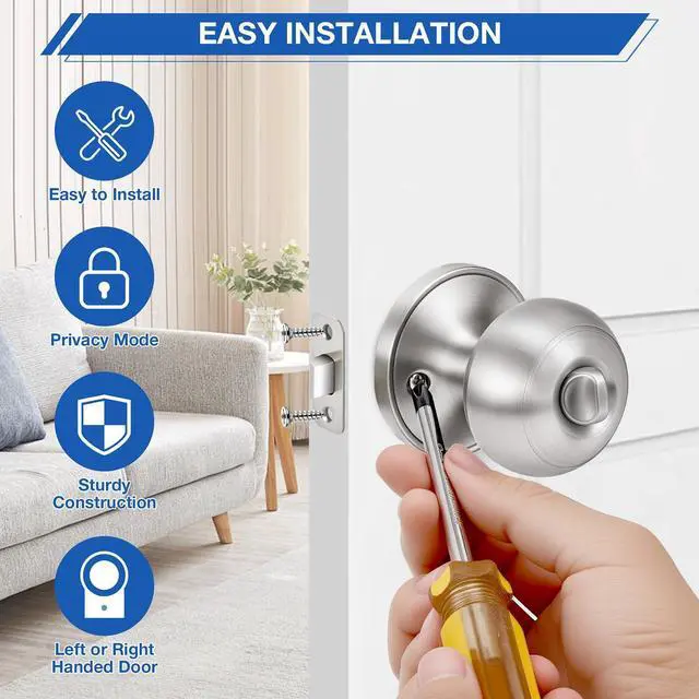 Alt view image 13 of 14 - 10 Pack Brushed Nickel Door Knobs,Privacy Door Knob with Lock, Interior Doorknobs Silver, Keyless Door Locks Set for Bedrooms Bathrooms, Reversible for Left/Right Door Handle