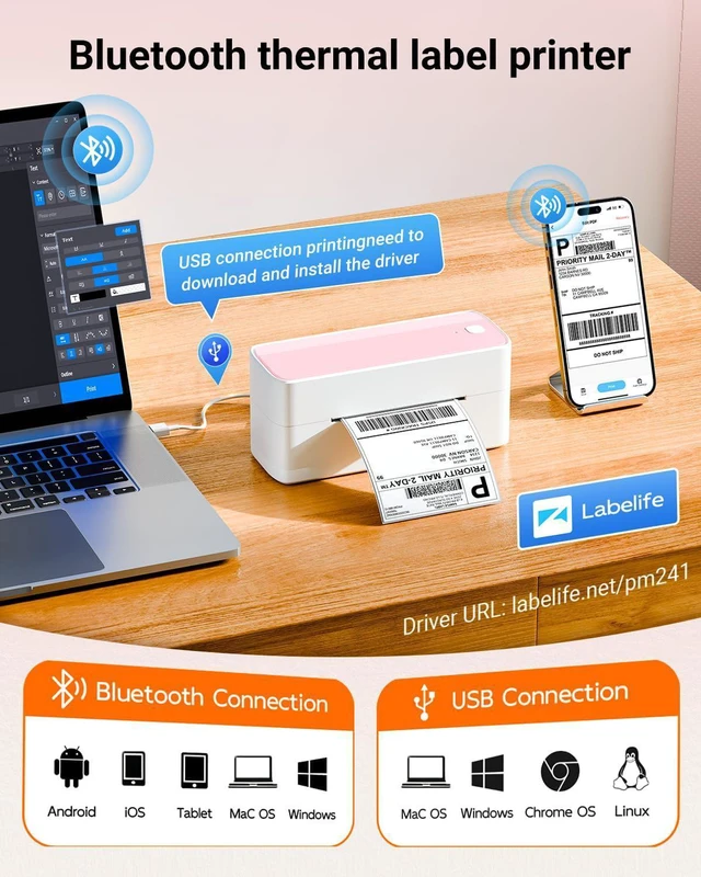 Alt view image 10 of 14 - Bluetooth Thermal Label Printer 4x6 - 241BT Pink Label Printer