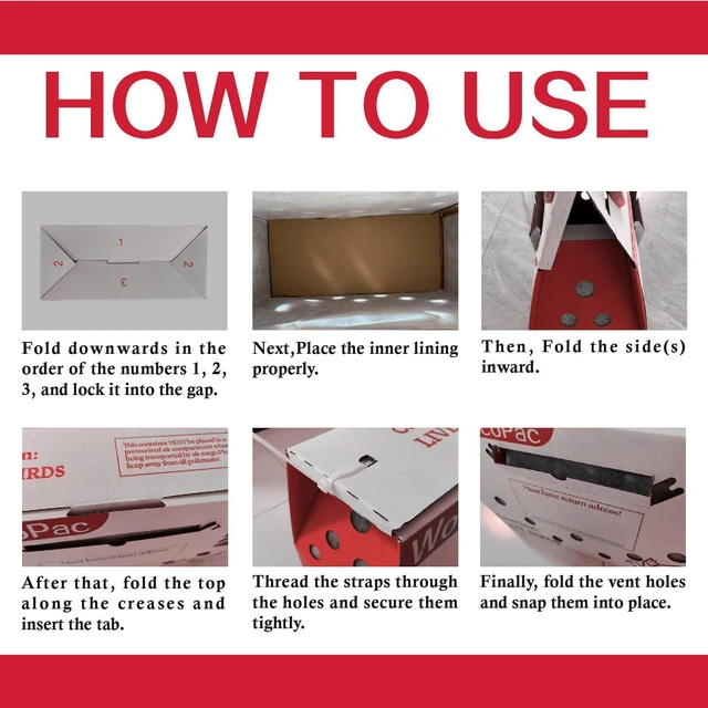 Alt view image 14 of 14 - 6 Pack Live Bird Shipping Boxes for Poultry Chicken Bird Duck (Red) | Size 17.7" x 7.8" x 11.8"-Poultry Shipping Boxes, Poultry Carrier Crate has Ventilation Openings, Portable Bird Travel Bag