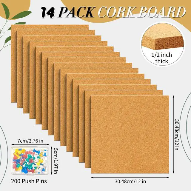 Alt view image 8 of 12 - 14 Pcs Cork Board Tiles 12 x 12 in 0.5 in Thick Square Bulletin Boards Cork Tiles Bulk with Push Pins Mini Natural Self Adhesive Backing Corkboards for Wall Home Office Floor DIY