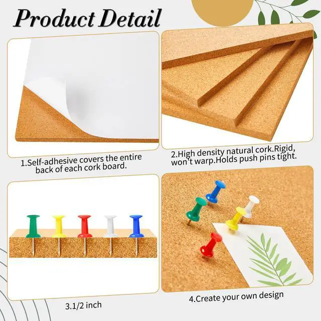 Alt view image 10 of 12 - 14 Pcs Cork Board Tiles 12 x 12 in 0.5 in Thick Square Bulletin Boards Cork Tiles Bulk with Push Pins Mini Natural Self Adhesive Backing Corkboards for Wall Home Office Floor DIY