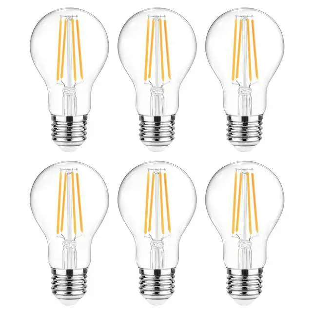 Alt view image 8 of 14 - 60 Watt Equivalent, E26 LED Filament Light Bulbs, Warm White 2700K, Non-Dimmable, Classic Clear Glass, A19 LED Light Bulb with 80 CRI, Pack of 6