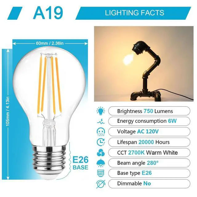 Alt view image 9 of 14 - 60 Watt Equivalent, E26 LED Filament Light Bulbs, Warm White 2700K, Non-Dimmable, Classic Clear Glass, A19 LED Light Bulb with 80 CRI, Pack of 6