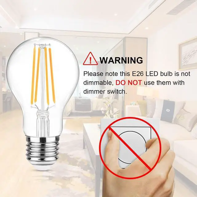 Alt view image 12 of 14 - 60 Watt Equivalent, E26 LED Filament Light Bulbs, Warm White 2700K, Non-Dimmable, Classic Clear Glass, A19 LED Light Bulb with 80 CRI, Pack of 6
