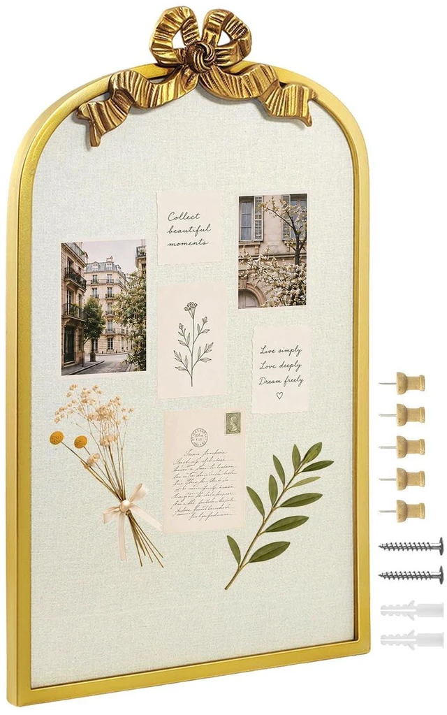 Alt view image 8 of 14 - 16" x 26" Large Linen Bulletin Board with Vintage Arch Copper Frame & Bowknot, Decorative Pin Board Wall Organizer for Photos, Notes & Memo Display, Bowknot Golden-4065