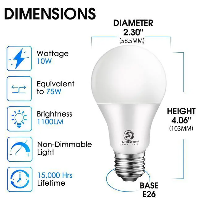 Alt view image 9 of 14 - Energetic A19 Light Bulbs 75 Watt Equivalent, 1100LM Super Brightness, Daylight 5000K, E26 Standard Base, Non-Dimmable 10W A19 LED Light Bulb, UL Listed, 12 Pack