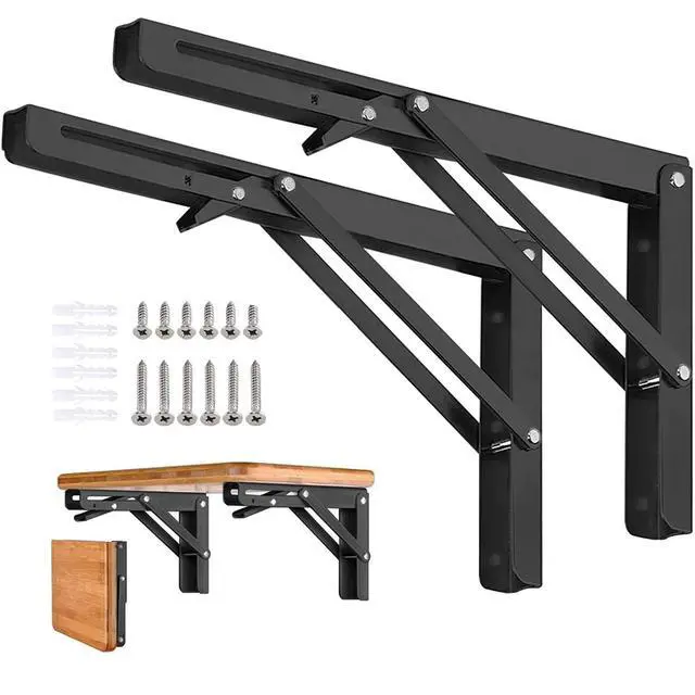 Alt view image 8 of 14 - Folding Shelf Brackets - 16 Inch 2 Pcs Heavy Duty Stainless Steel Collapsible Triangle Shelf Bracket, DIY Wall Mounted Folding Table Hinge, Space Saving for Bench Table with Screws