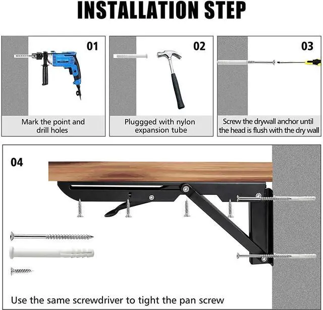Alt view image 13 of 14 - Folding Shelf Brackets - 16 Inch 2 Pcs Heavy Duty Stainless Steel Collapsible Triangle Shelf Bracket, DIY Wall Mounted Folding Table Hinge, Space Saving for Bench Table with Screws