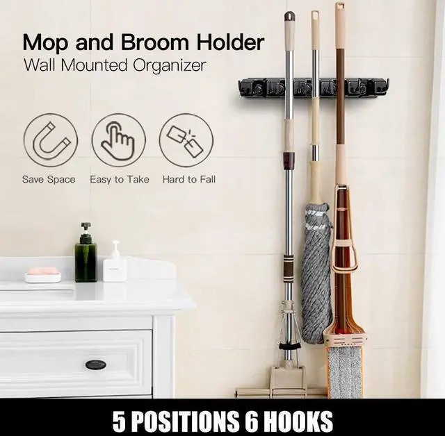 Alt view image 10 of 14 - 2 Pack Mop and Broom Holder, Wall Mount Organizer Storage Tool Rack | Broom and Mop Organizer Wall Hanging for Garage, Laundry Room, Garden, Utility, 5 Ball Slots and 6 Hooks(Black)