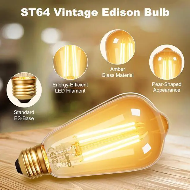 Alt view image 8 of 11 - E26 Edison Bulbs 60W, 2200K Amber Warm, Amber Glass, 600LM, 2-Pack | 6W LED Edison Bulb ST64, Vintage LED Light for Home, Non-Dimmable, CRI 80