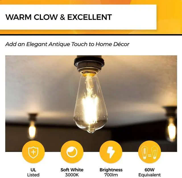Alt view image 8 of 12 - Edison Bulbs Dimmable, E26 LED Bulb 60 Watt Soft White, 12 Pack | 95+ CRI, 700LM, UL Listed, Soft White 3000K, 6W LED Light Bulbs, Vintage Light Bulbs, Glass Clear Light Bulbs