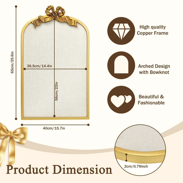 Alt view image 9 of 14 - 16" x 26" Large Linen Bulletin Board with Vintage Arch Copper Frame & Bowknot, Decorative Pin Board Wall Organizer for Photos, Notes & Memo Display, Bowknot Golden-4065