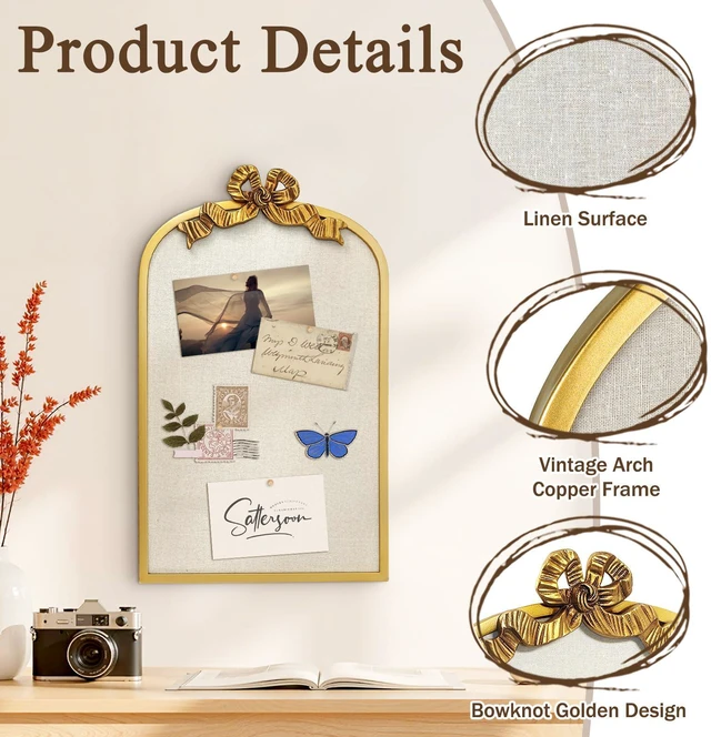 Alt view image 10 of 14 - 16" x 26" Large Linen Bulletin Board with Vintage Arch Copper Frame & Bowknot, Decorative Pin Board Wall Organizer for Photos, Notes & Memo Display, Bowknot Golden-4065