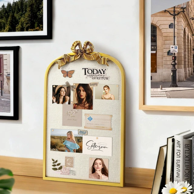 Alt view image 14 of 14 - 16" x 26" Large Linen Bulletin Board with Vintage Arch Copper Frame & Bowknot, Decorative Pin Board Wall Organizer for Photos, Notes & Memo Display, Bowknot Golden-4065