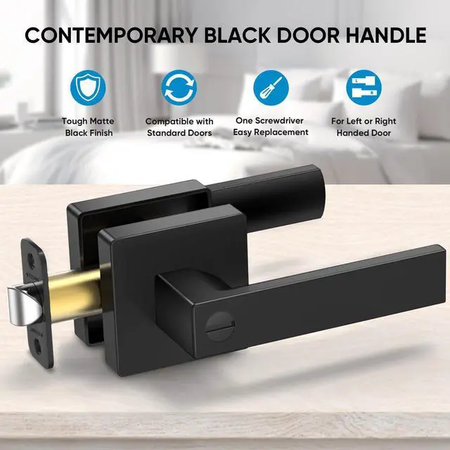 Alt view image 9 of 14 - 5PK Matte Black Door Handles Interior, Reversible Square Door Levers Knob for Hallway, Bedroom, Bathroom (with Lock, 5PK Privacy)