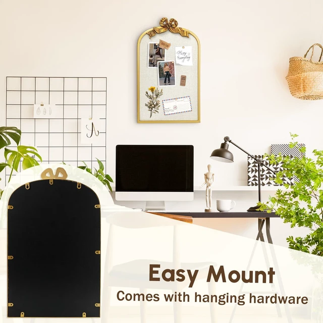 Alt view image 12 of 14 - 16" x 26" Large Linen Bulletin Board with Vintage Arch Copper Frame & Bowknot, Decorative Pin Board Wall Organizer for Photos, Notes & Memo Display, Bowknot Golden-4065