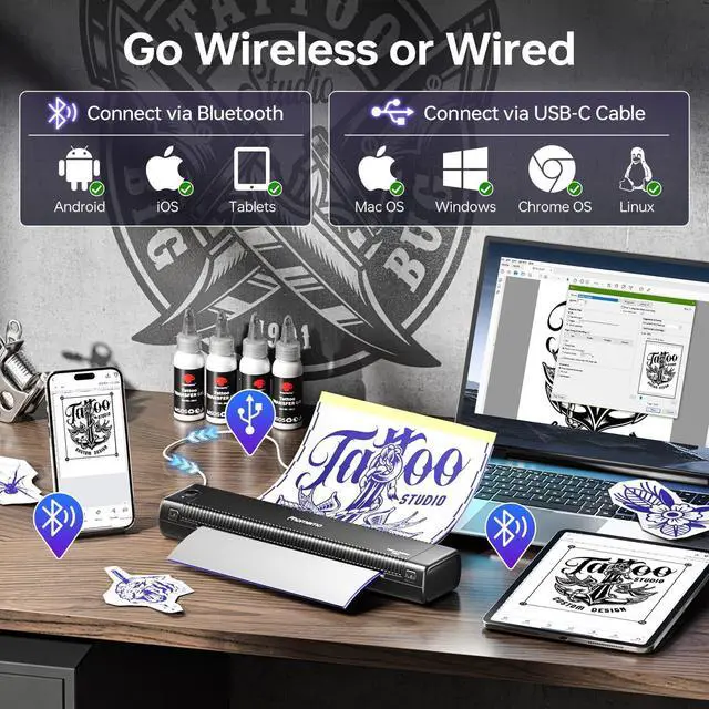Alt view image 13 of 14 - TP81 Tattoo Stencil Printer Kit with 4 Pcs Tattoo Transfer Gel | 20 Pcs Transfer Paper, Bluetooth Compatible with Phone/Tablet/PC, Wireless Portable for Tattoo Artists & Beginners