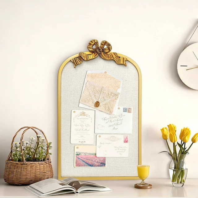 Alt view image 13 of 14 - 16" x 26" Large Linen Bulletin Board with Vintage Arch Copper Frame & Bowknot, Decorative Pin Board Wall Organizer for Photos, Notes & Memo Display, Bowknot Golden-4065