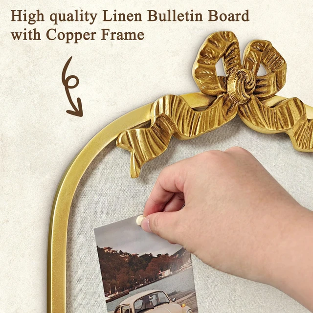 Alt view image 11 of 14 - 16" x 26" Large Linen Bulletin Board with Vintage Arch Copper Frame & Bowknot, Decorative Pin Board Wall Organizer for Photos, Notes & Memo Display, Bowknot Golden-4065